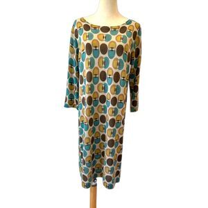 Boden Knit Dress Geometric Retro Print Shift 3/4 Sleeves Size 12 100% Wool